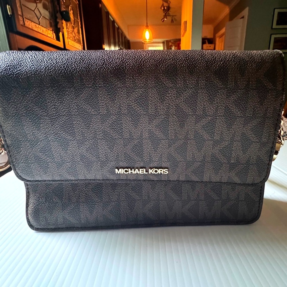 Michael Kors Brown Signature Logo Crossbody Bag Flap Messenger GoldTone Hardware